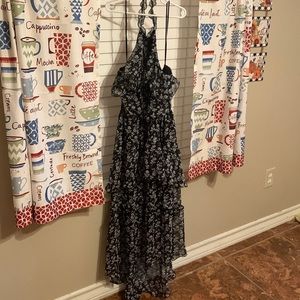 Black and white floral, formal dress with open back